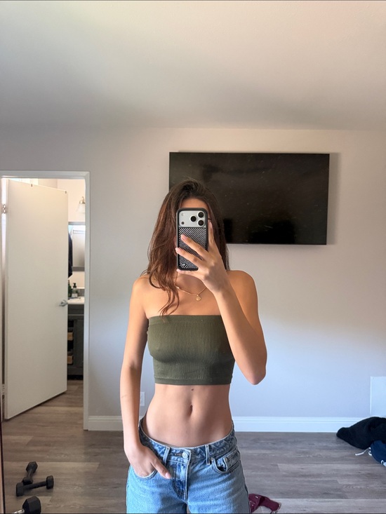 Tops - Ribbed Strapless Crop Top — Olive Green